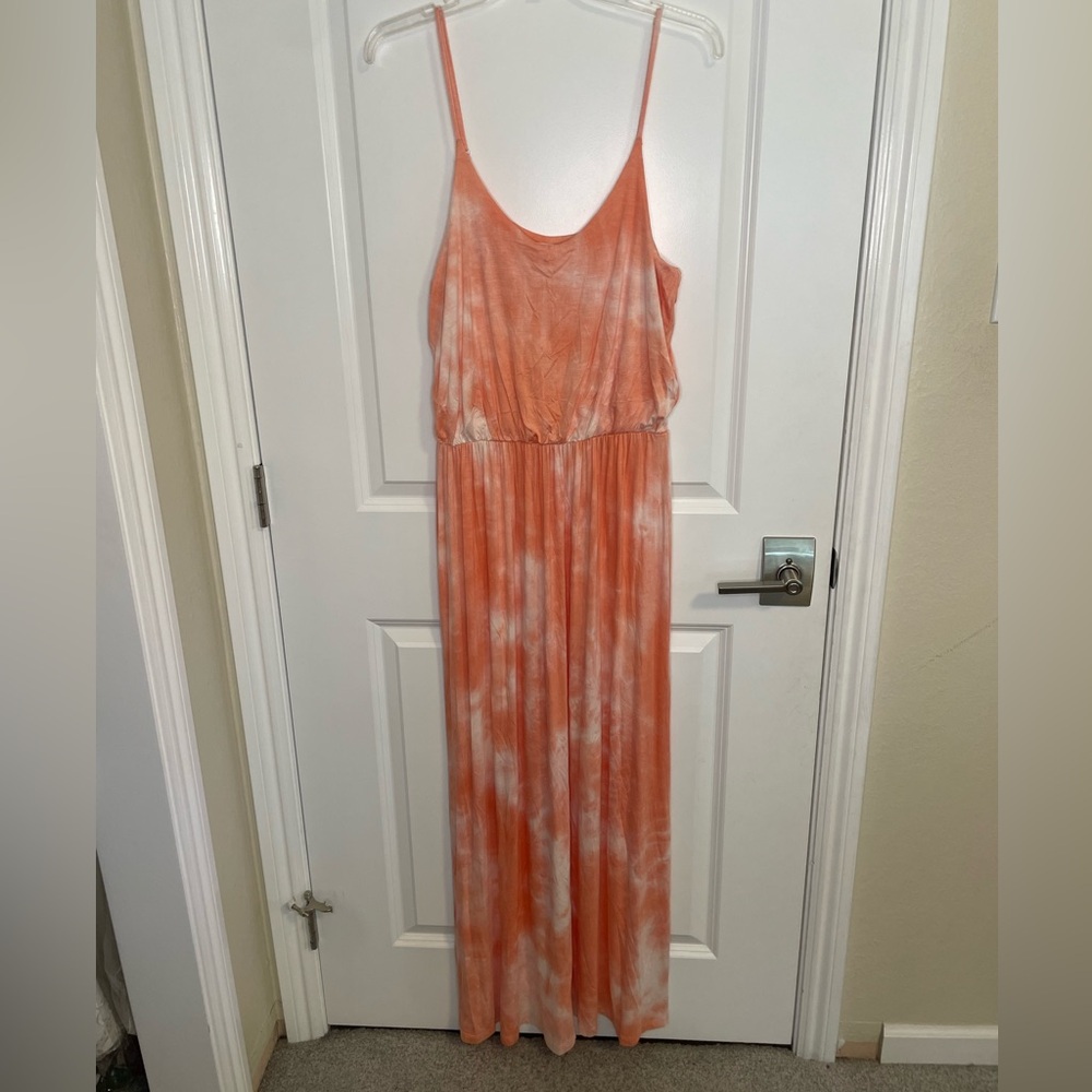 Lush Coral Tie- Dye Maxi Dress with Adjustable Straps, Sz L
